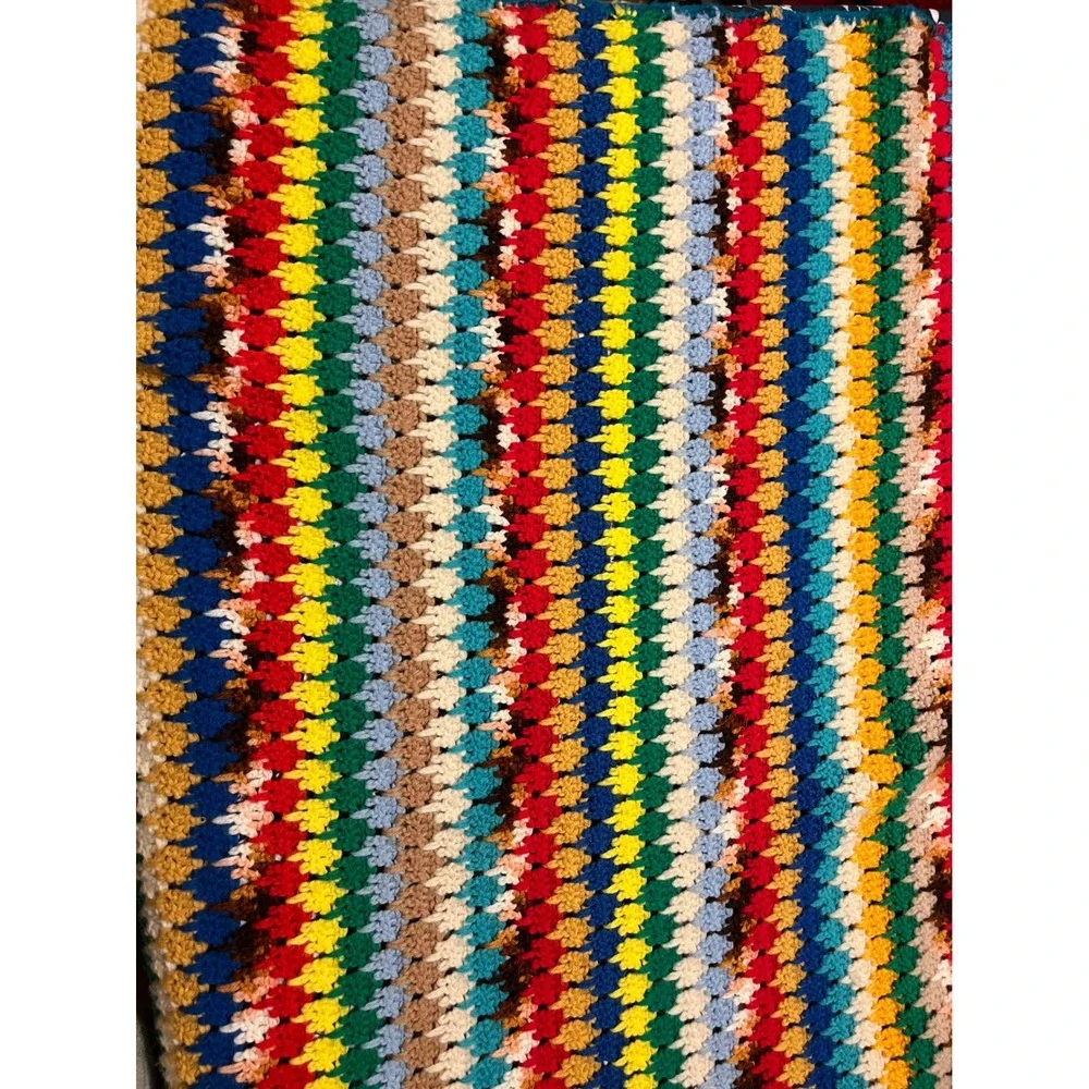 Vintage Hand crochet afghan throw 70s vibrant‎ retro Boho 47x79